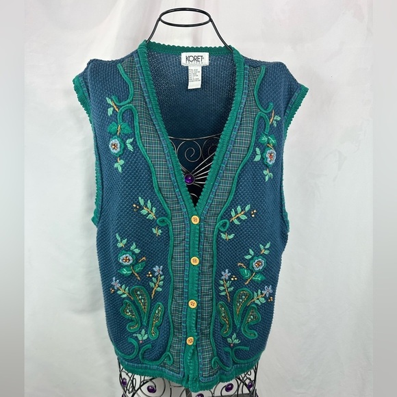 Vintage Koret blue floral embroidered button down vest size L - Picture 1 of 13